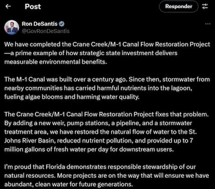 Ron DeSantis anunció la finalización del Proyecto de Restauración del Flujo del Canal Crane Creek/ M-1