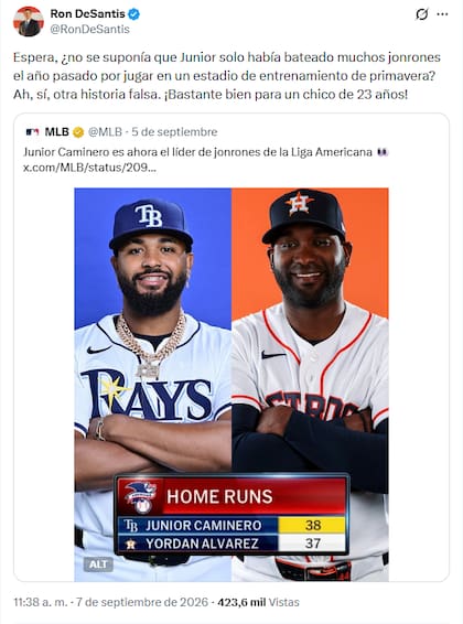 Ron DeSantis celebró que Junior Caminero ha realizado 38 jonrones durante la temporada