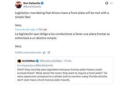 Ron DeSantis dijo que vetará cualquier ley que imponga la necesidad de una matrícula delantera para autos de Florida