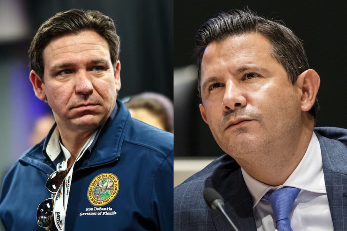 Ron DeSantis, gobernador saliente de Florida, y Jason Pizzo, senador exdemócrata y candidato a gobernador