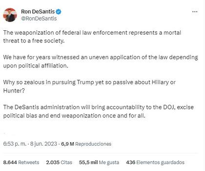 Ron DeSantis usó su cuenta de Twitter para hablar al respecto