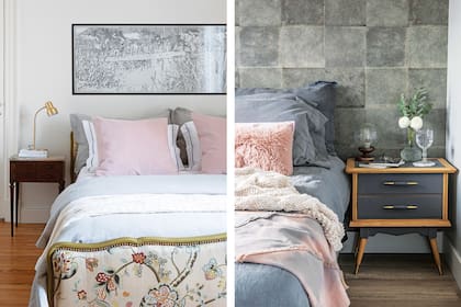 Ropa de cama en algodón y terciopelo (Angelina Linen). Obra de la artista argentina María Maggiori (Praxis Art). Derecha. Empapelado (Raldua). Lámpara (La Merello). Mesa (Mercado de Pulgas). Almohadones (Bastian Joe). Manta de hilo tejida a mano (Muka Home & Deco).