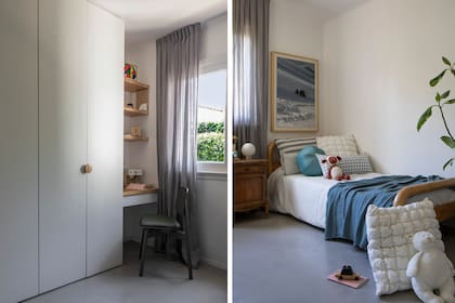 Ropa de cama (Lote Propio). Juguetes (Lola y Chango). Cuadro (Olivia Gentili Gipler). Placard de melamina con detalles en paraíso (diseño de Sara Plazibat). Silla ‘Te’ (Estudio Te).