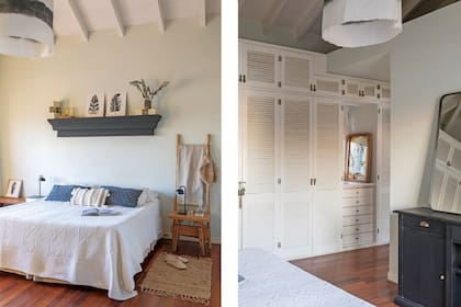 Ropa de cama (Pottery Barn). Cómoda comprada en una feria y pintada con esmalte sintético negro. Espejo con marco de hierro (Antiguo Vagón Deco). Lámpara de techo (Casa Amable y Lola Pérez Handmade). Almohadones tejidos al crochet en hilo gris (Pita Brady Home). Almohadón bordado a mano. Veladores (