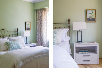 Ropa de cama y almohadones (Angelina Linen). Mesas de noche de paraíso laqueado y lámparas de hierro con pantallas de lino (Thais).
