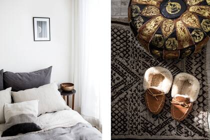 Ropa de cama y almohadones en tonos grises (Casacas). Sobre la alfombra que compró en Londres, puf heredado: “Lo compraron mis abuelos hace más de 50 años en un viaje a Marruecos”.