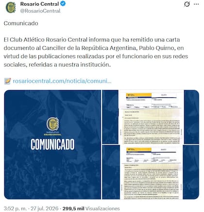 Rosario Central arremetió judicialmente contra Pablo Quirno