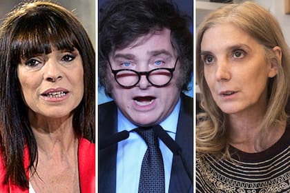 Rosario Lufrano, presidenta de Radio y Televisión Pública, Bernarda Llorente, presidenta de la Agencia Nacional de Noticias Télam, y el mandatario electo Javier Milei