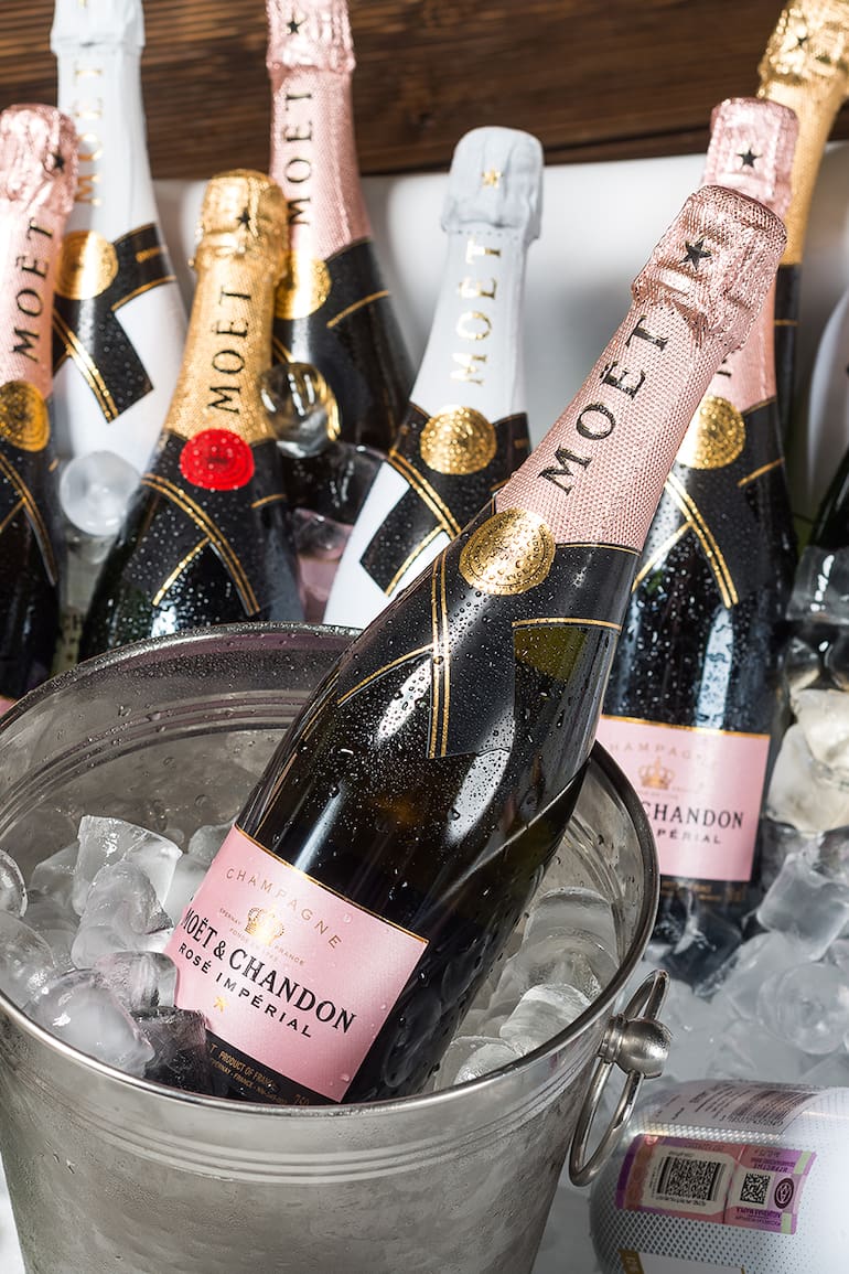 ROSTOV-ON-DON, RUSSIA - JUNE 2017: The bath is filled with ice and champagne "moet chandon" . A splendid party. Higher Society.