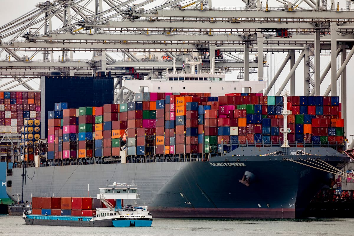 ROTTERDAM, NETHERLANDS - APRIL 4: A container cargo ship is seen in Rotterdam Harbour on April 4, 2021 in Rotterdam, Netherlands. Heavy traffic is expected in Rotterdam Harbour now that the Ever Given cargo ship has been refloated in the Suez canal. Under normal cirucmstances, 80 sea ships are entering the harbour daily. A temporary increase of 10 percent is expected from Wednesday on. (Photo by Niels Wenstedt/BSR Agency/Getty Images)