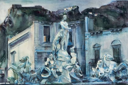 Guillermo Roux. Esta acuarela fue pintada en la Plaza de Palermo, ciudad de Sicilia donde nació Franca Beer, esposa del artista. Juntos recorrieron la isla en auto durante una semana, en 1994
