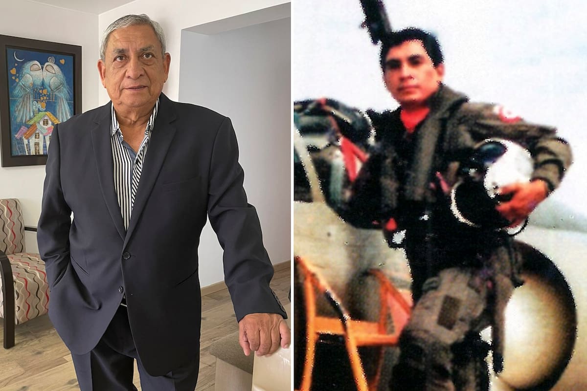 Rubén Mimbela Velarde hoy y en una imagen de 1976, con uniforme de piloto de la Fuerza Aérea del Perú