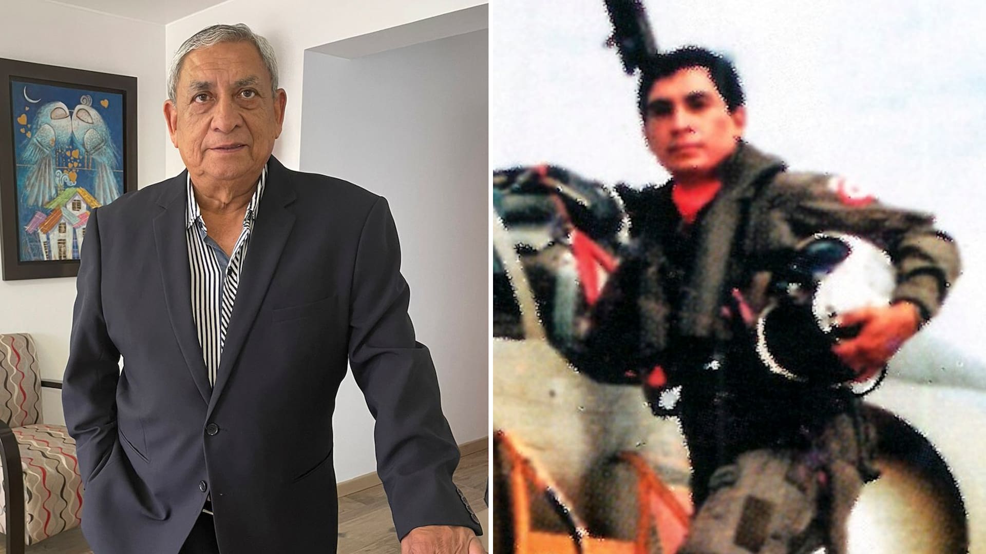 Rubén Mimbela Velarde hoy y en una imagen de 1976, con uniforme de piloto de la Fuerza Aérea del Perú