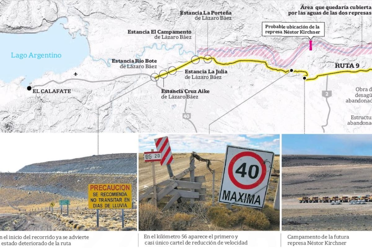 Ruta Provincial 9 y el área de futura inundación del valle del río Santa Cruz donde se construyen las Represas Hidroeléctricas