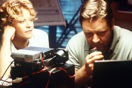 Ryan y Crowe en el rodaje del film Prueba de vida