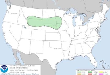Sábado 12 de abril: sin riesgo de tormentas severas en EE.UU., pero lluvias débiles en las Rocosas centrales y Black Hills