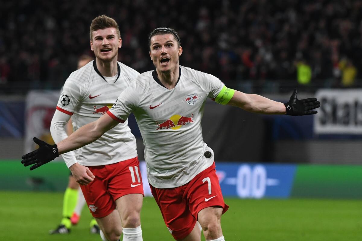 Sabitzer festeja uno de los goles de Leipzig que, por ahora le da la clasifivcación histórica a los cuartos de final