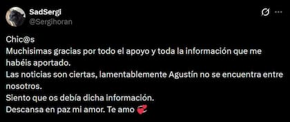 Sad Sergi, pareja de Agustin Randazzo, confirmó el hallazgo del cuerpo sin vida del argentino