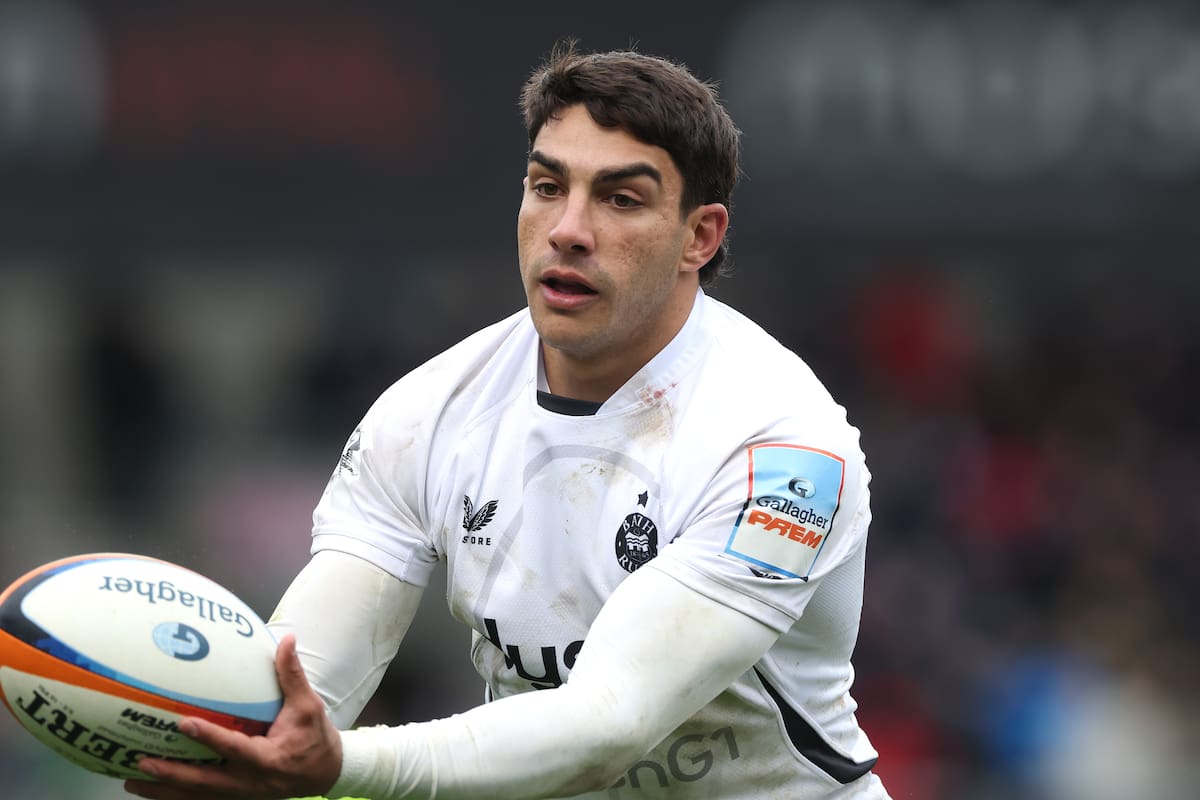 SALFORD, ENGLAND - MARCH 29: Santiago Carreras of Bath catches the ball during the Gallagher PREM match between Sale Sharks and Bath Rugby at CorpAcq Stadium on March 29, 2026 in Salford, England. (Photo by David Rogers/Getty Images)