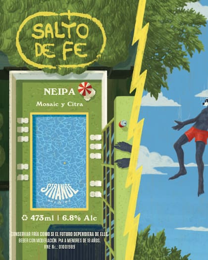 “Salto de fe”, otra NEIPA, recupera en su etiqueta la imagen de Charly García tirándose a una pileta en Mendoza