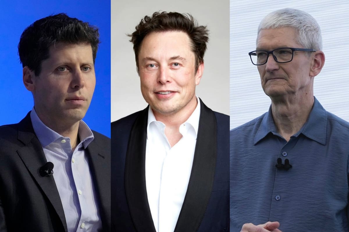 Sam Altman, el CEO de OpenAI; Elon Musk, el dueño de X; y Tim Cook, el CEO de Apple