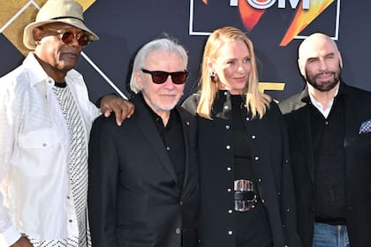 Samuel L. Jackson, Harvey Keitel, Uma Thurman y John Travolta durante el homenaje a Pulp Fiction