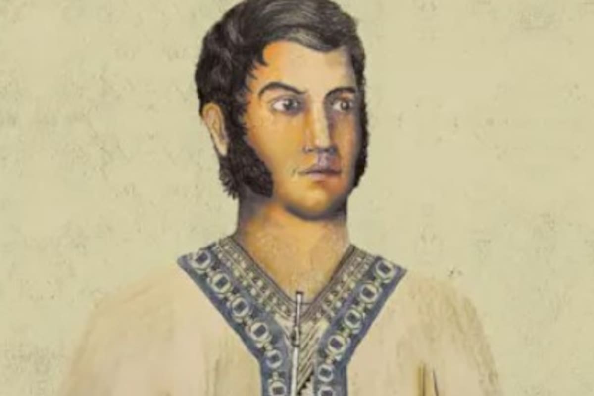 San Martín, con poncho y tomando mate (ilustración de Reinaldo Cortés)