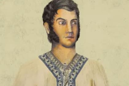 San Martín, con poncho y tomando mate (ilustración de Reinaldo Cortés)