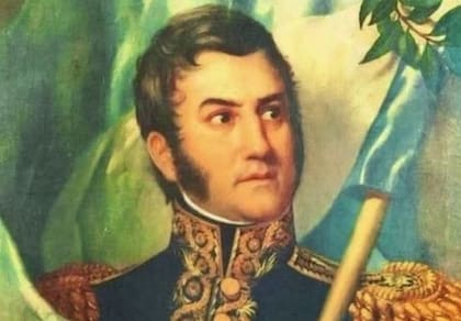 San Martín, envuelto en la bandera argentina; este retrato fue pintado por la profesora de pintura de Merceditas y era el que más le gustaba al Libertador