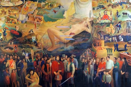 "San Martín, Rosas, Perón", pintura de Alfredo Bettanin que protagoniza la nueva novela de Gabriel Lerman
