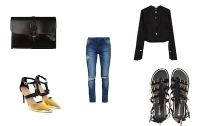 Sandalias (Anca & Co, $879) Jean (Benito, $1799) Sobre (Prune, $1100) Camisa (Dubie) Semi abiertos (Via Uno, $999 sale The Net Boutique)