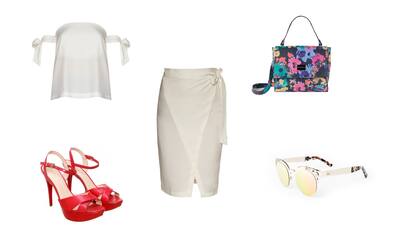Sandalias (Via Uno, $1990) Pollera y Top ( Deleon, $1680 y $1680) Anteojos (Elizabeth Arden) Cartera (Olivetta)