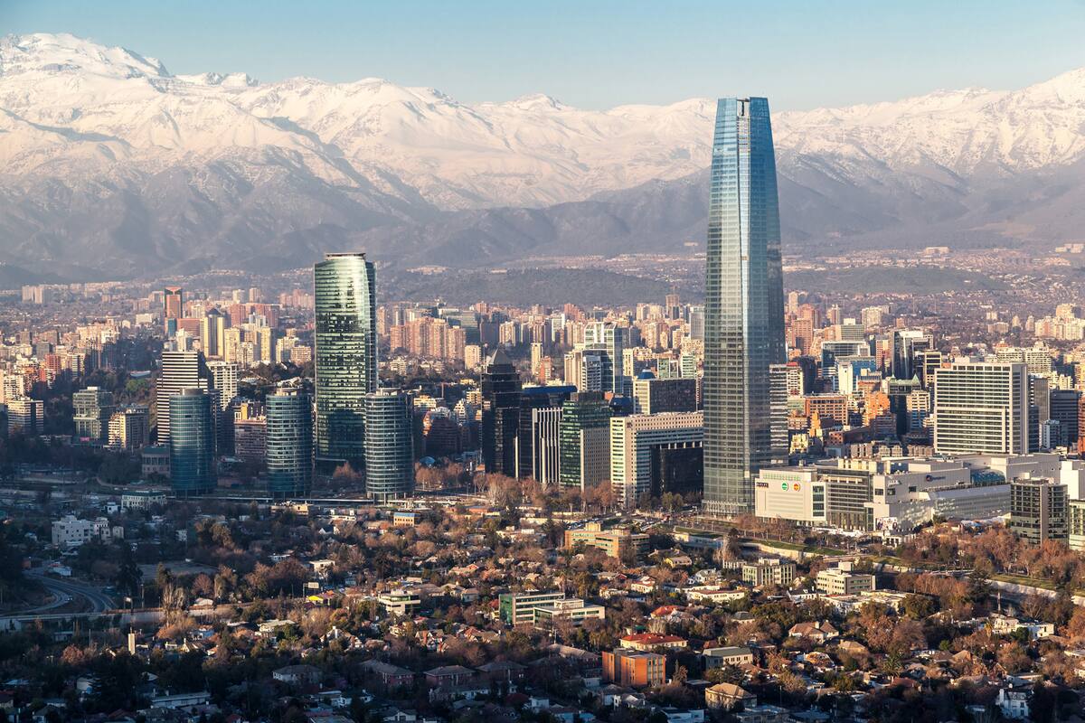 Santiago de Chile, Chile - Aug, 25th, 2014. The city and the Cordillera de los Andes mountains covered with snow in the background, Santiago de Chile.