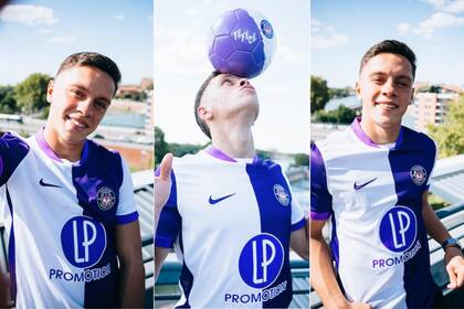 Santiago Hildalgo posando con la camiseta de su nuevo club: Toulouse FC