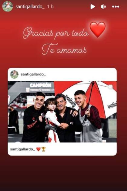 Santino Gallardo, tercer hijo de Marcelo Gallardo, también expresó sus sentimientos hacia su padre en este momento trascendente de su carrera