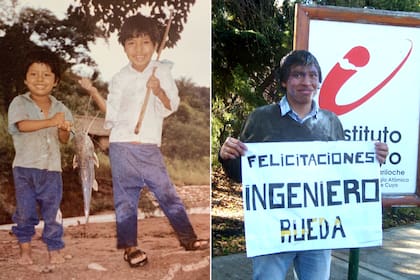Santos junto a su hermano Gabriel en el paraje salteño, y otra de cuando se graduó en Bariloche