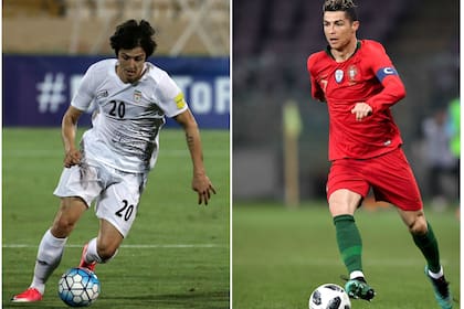 Sardar Azmoun, de Irán, y Cristiano Ronaldo, el astro de Portugal