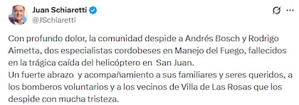 Schiaretti despidió a los dos tripulantes cordobeses que se encontraban en la aeronave que se accidentó en San Juan