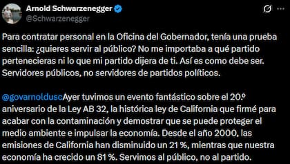 Schwarzenegger recordó que durante su paso por la gobernación evaluaba a los aspirantes a su equipo únicamente por su compromiso con la población