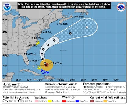 Se anticipa que Erin comenzará a perder sus características tropicales hacia el fin de semana, transformándose en un ciclón extratropical entre el sábado y el domingo cerca de Terranova, Canadá