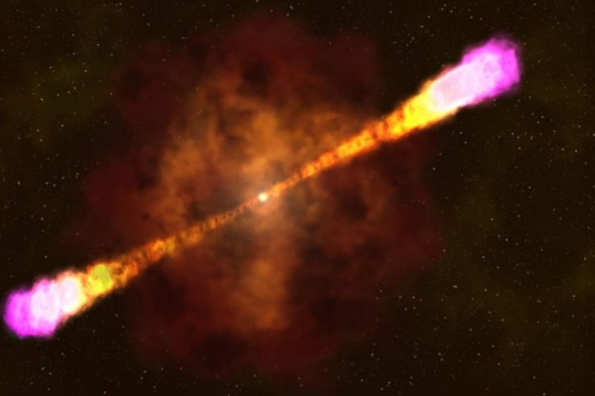Se cree que los brotes de rayos gamma ocurren cuando colapsa una estrella masiva, forma un agujero negro y despide partículas hacia afuera a una velocidad cercana a la de la luz (NASA)