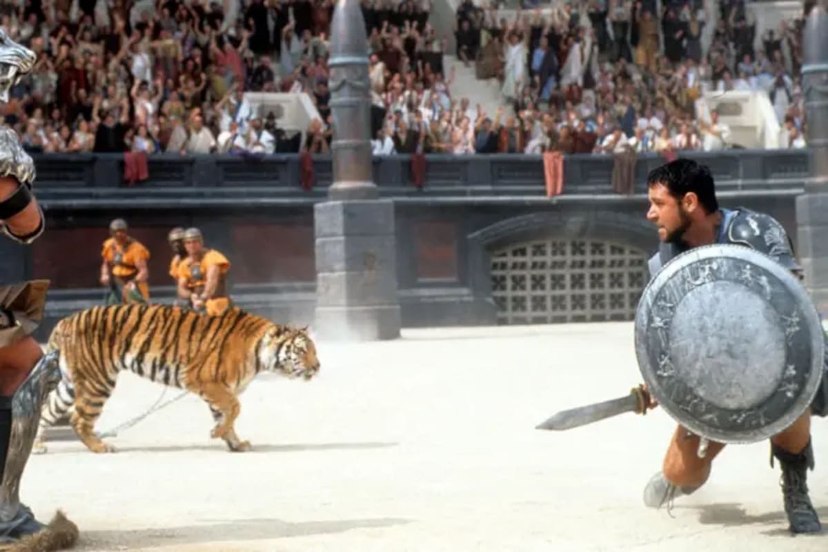 Se dieron representaciones ficticias de combates de gladiadores con grandes felinos en películas como Gladiador, protagonizada por Russell Crowe