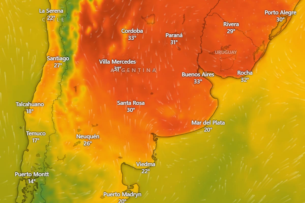 Se esperan altas temperaturas para el viernes 5 de diciembre en Buenos Aires (Fuente: captura Windy)
