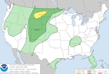 Se formará un corredor de tormentas severas desde el este de Montana hasta el oeste de Dakota del Norte, las cuales podrán estar acompañadas de granizo de tamaño considerable