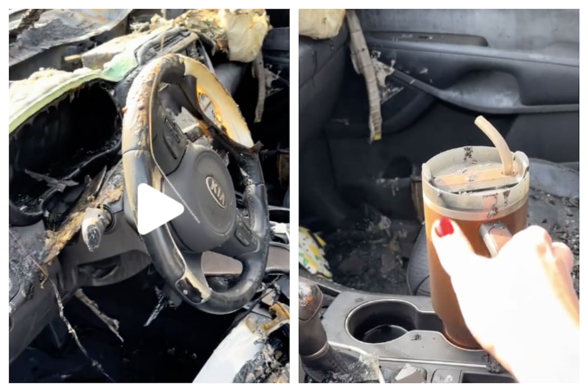 Se le incendió el auto, sobrevivió su vaso térmico Stanley y la marca le prometió un vehículo nuevo(TikTok)
