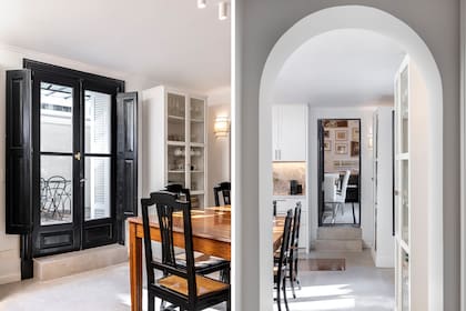 Se personalizaron en blanco, crudo y negro los apliques de luz ‘Paris’ (Luz Buenos Aires) para empatarlos con los tonos del ambiente. Iluminación cenital con spots ‘Coco Plafón’ (San Isidro Luz). A continuación de la cocina, el comedor.