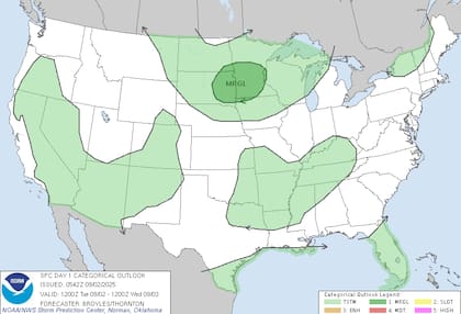 Se podrían formar tormentas eléctricas severas en el norte de las Planicies y valle superior del Mississippi
