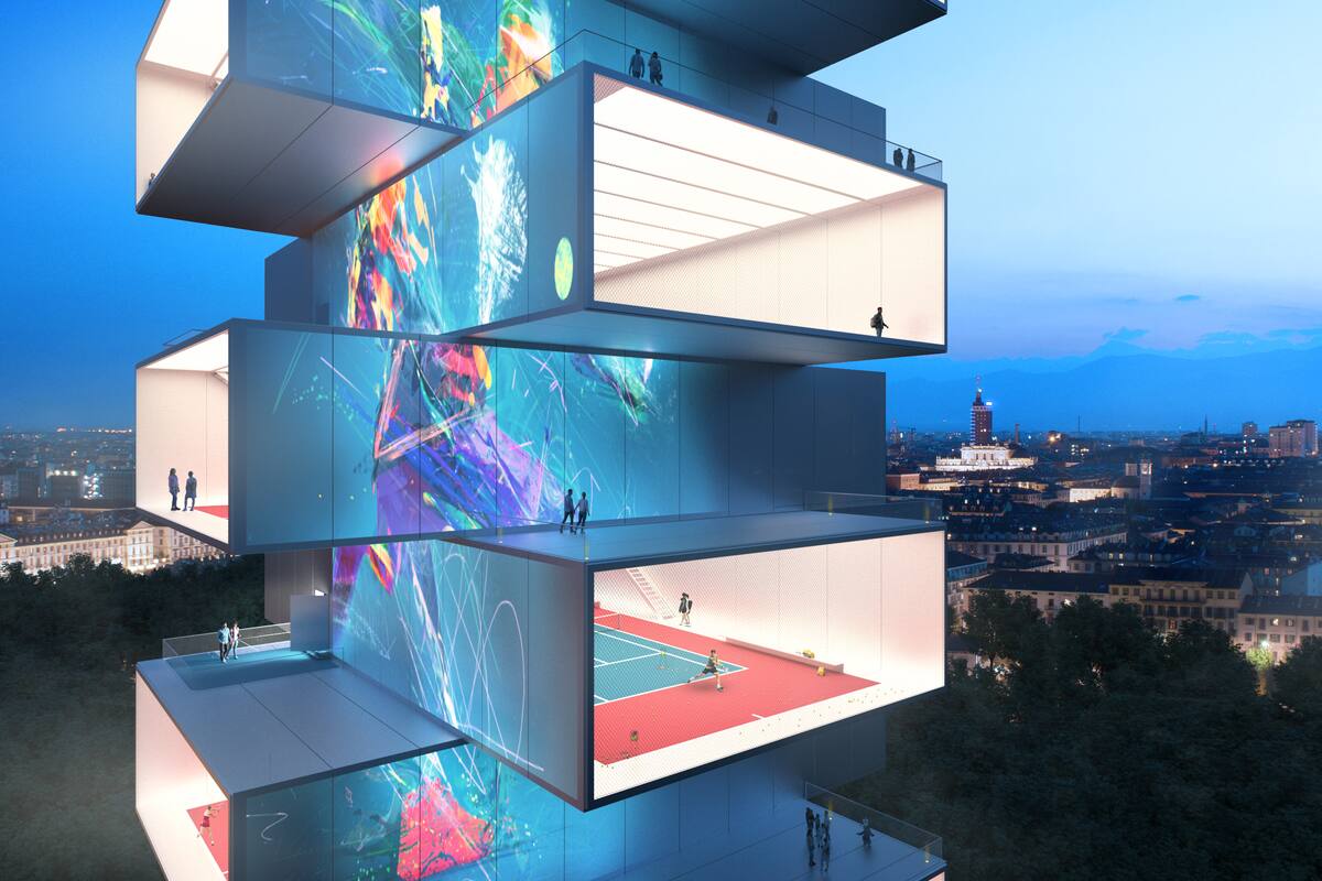 Se presentó un proyecto de un arquitecto italiano con ocho canchas de tenis que se encastran una encima de la otra