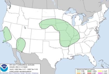 Se prevé el desarrollo de tormentas aisladas en las llanuras del norte y del centro que, durante la tarde y la noche, se expandirán hacia el valle medio y bajo del Mississippi