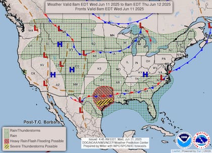 Se prevén acumulados de 50 a 150 mm en zonas del centro este de Texas, con riesgo de inundaciones urbanas y rurales